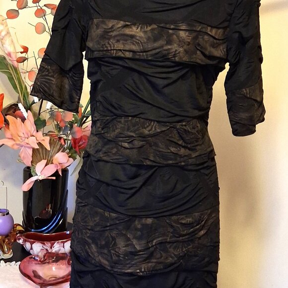 NWT Simon Chang Women's Well Tailored ¾ Sleeve Brown Gold Midi Lined Dress 8 M - Picture 4 of 11